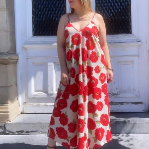 Robe lurex fleurs rouge